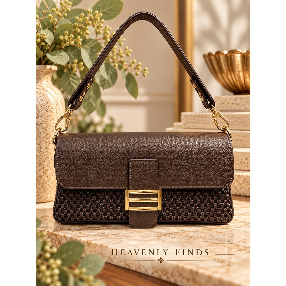 Made in Italy Brown Pebbled Leather and Raffia Woven Shoulder Crossbody Bag New